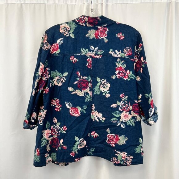 Maurices Lightweight Button Up Jacket Blue/Multi Floral 3/4 Roll Tab Sleeve S - Picture 7 of 9